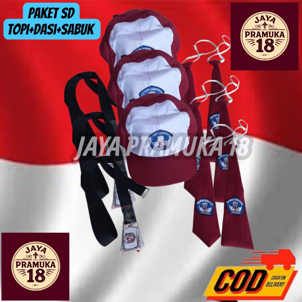 Paket SD Topi Dasi SD Bordir Sabuk SD Merah Putih Bordir Biru Putra Putri