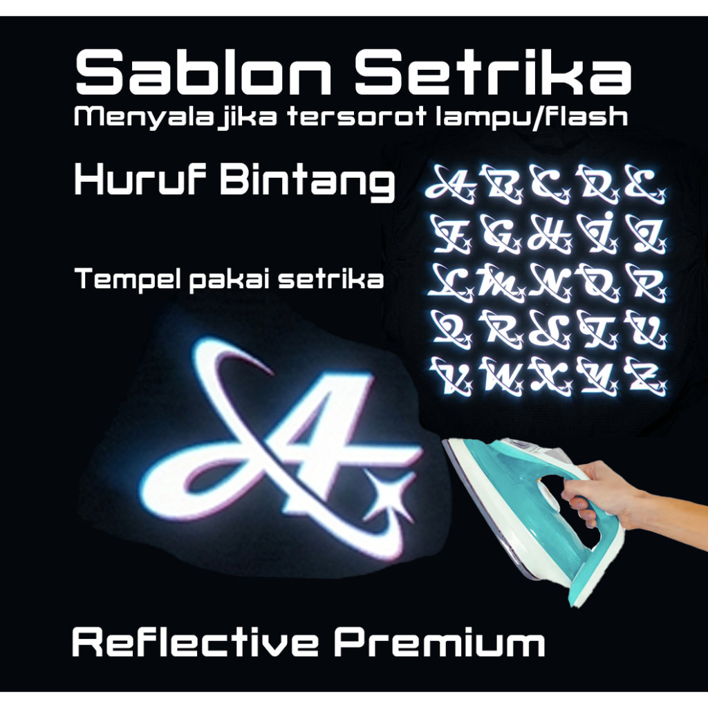 Stiker Kaos Sablon Setrika  Huruf Inisial Alfabet Bintang Menyala | Reflektif Premium