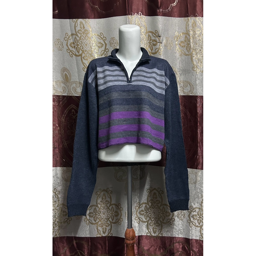 baju wanita sweater rajut crop halfzipper salur / atasan outfit berkerah