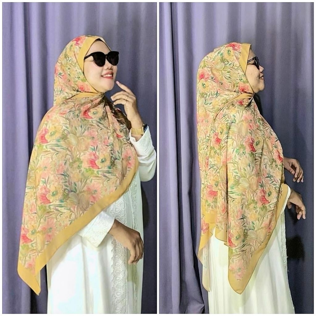 KERUDUNG PASHMINA MOTIF CERUTY BABYDOLL HIJAB BUNGA ABSTRAK KUNING KODE KP21