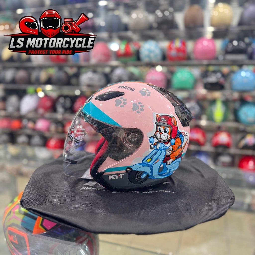Helm KYT DJ Maru Motif Kucing Cat Meow #20 Light Peach Single Visor Half Face KYT Djmaru Size M-XL