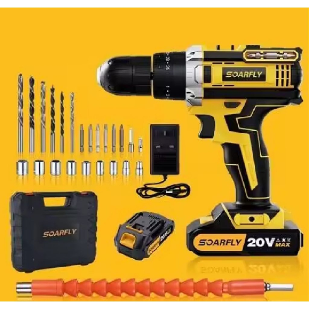 Mesin Bor Listrik Soarfly 2 Kecepatan - Fungsi Impact Drill, Pencahayaan LED, Torsi 25 Kecepatan