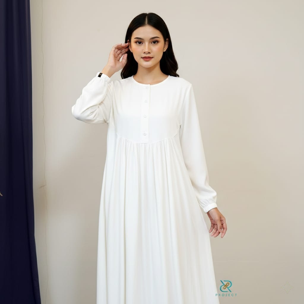 GAMIS POLOS PUTIH BAHAN RAYON TWILL DRESS SIMPLE TIMELEES