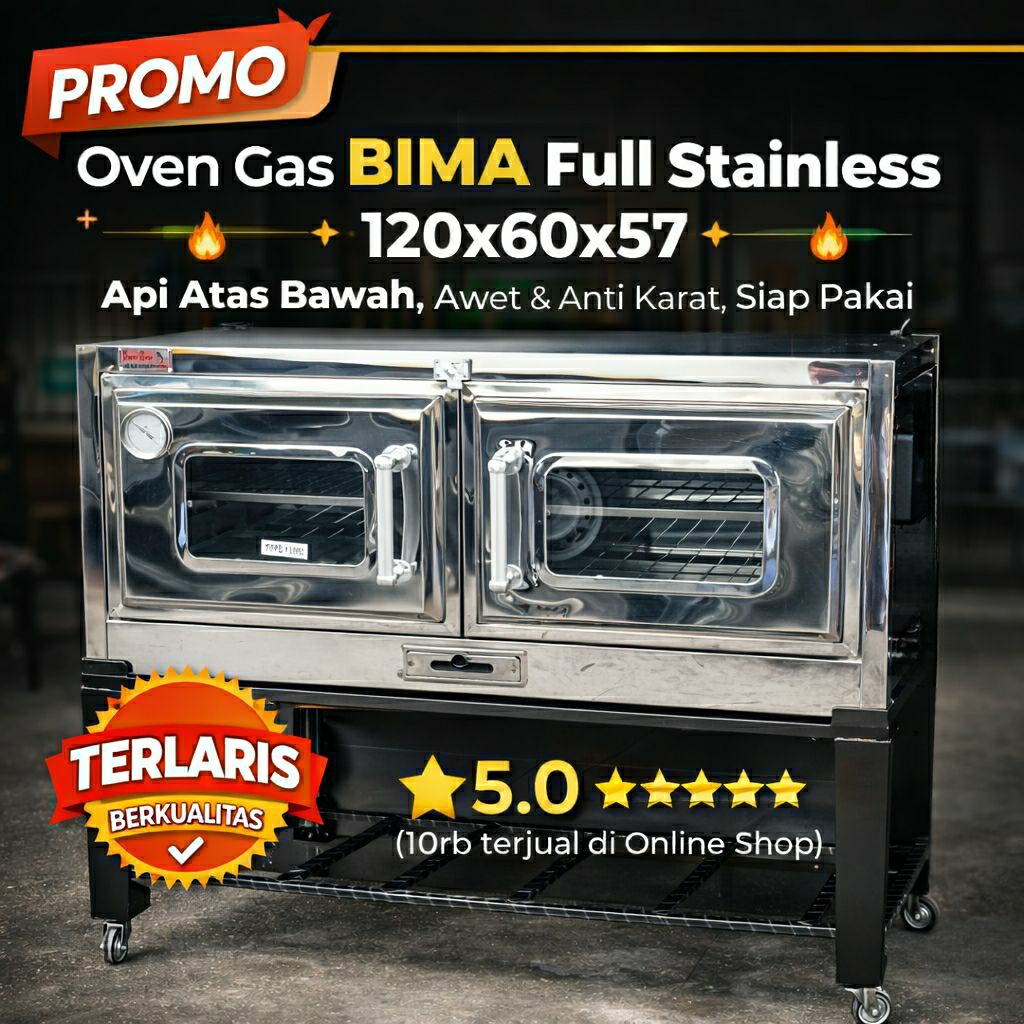 PROMO Oven Gas BIMA Full Stainless 120x60x57 – Api Atas Bawah, Awet & Anti Karat, Siap Pakai