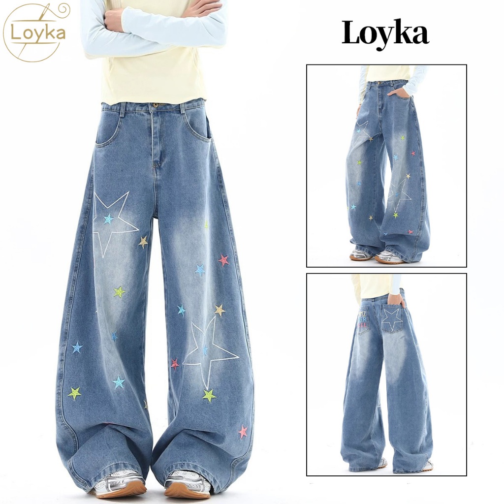Loyka Celana Jeans Wanita Model Lebar Retro Melengkung Dengan Bordir Bintang Pudar Celana Baggy Pant