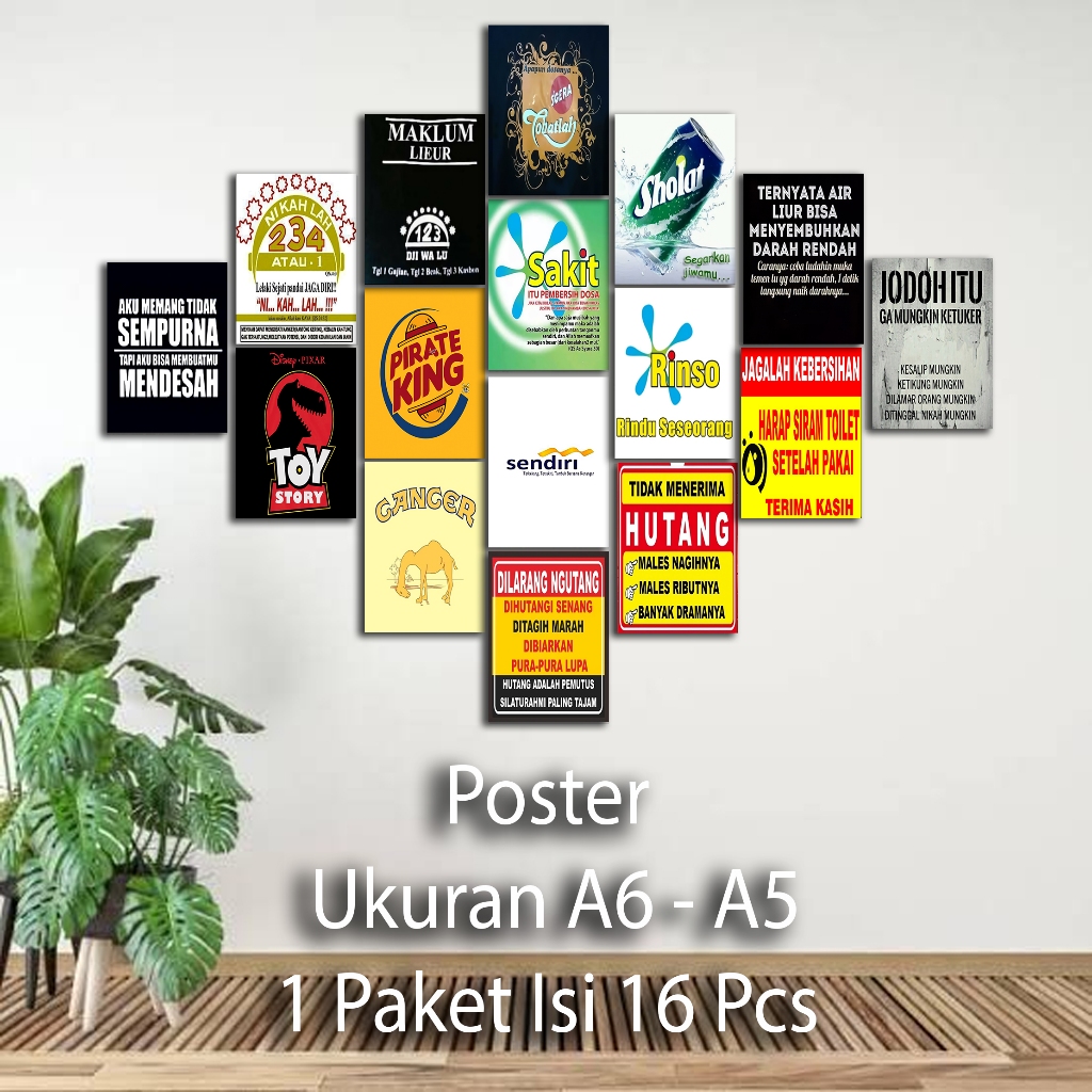 Poster Dinding Kamar Tema KATA KATA LUCU Art Karton 260g A5 A6 16 Pcs Hiasan Dinding