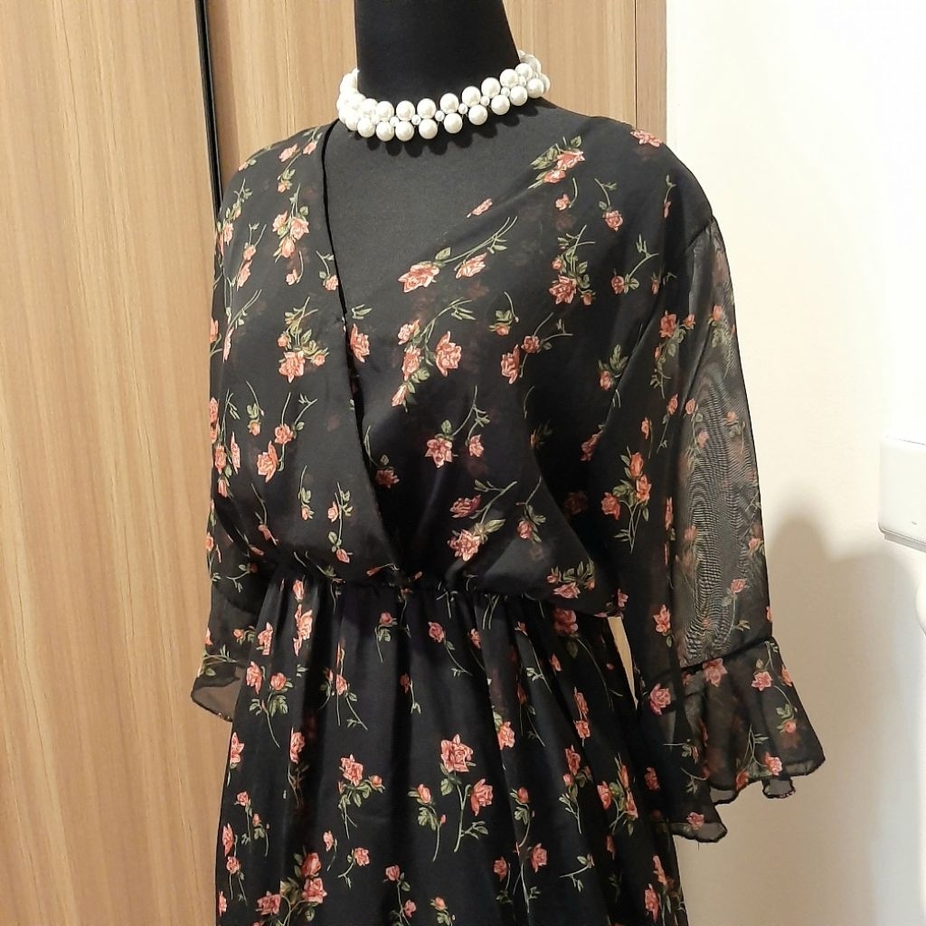 Dress Bunga Pink | Maxi Dress | Dress Hitam Bunga bunga