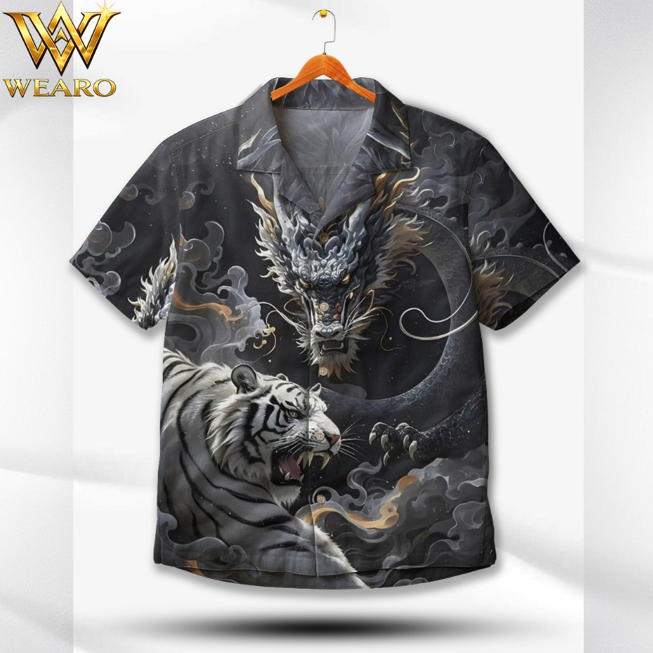 WEARO Kemeja Full Print Motif Naga dan Harimau Putih – Kemeja Pria Casual Etnik Jepang Aesthetic Pre
