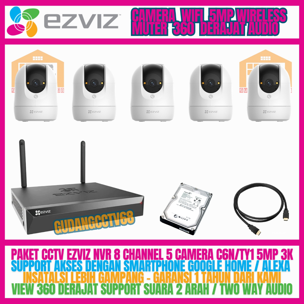 Paket CCTV Ezviz 5MP NVR 8 Channel 5 Kamera Ezviz 5MP Two Way Audio 3K PTZ Camera Wireless