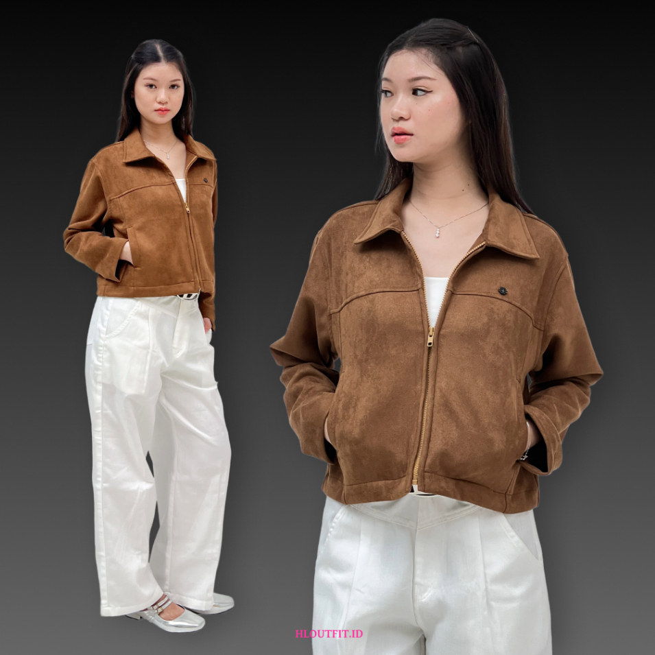 Suede Jacket Crop Jaket Crop Boxy Wanita Bahan Suede dengan Lapisan Dalam Crop Boxy Jacket (H Series