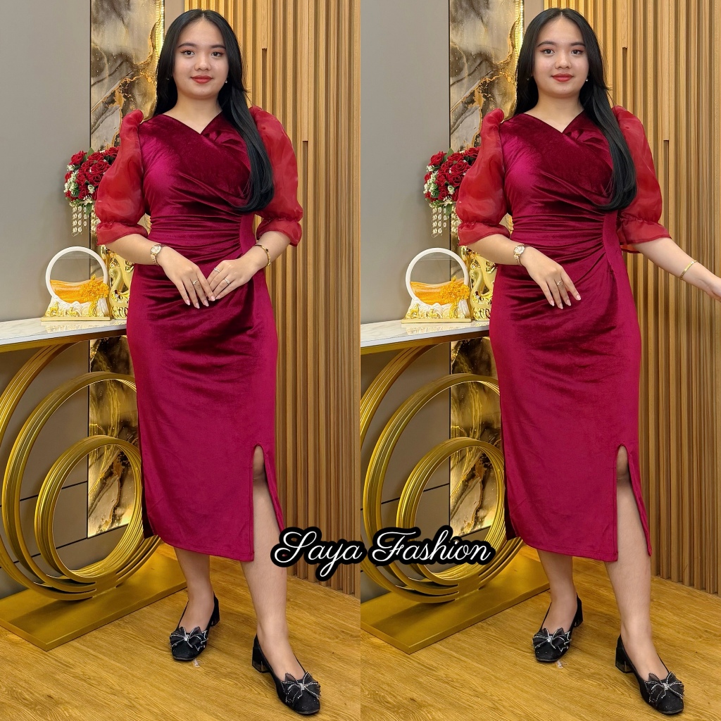 Midi Dress Bludru Organza Layer Polos Slim V-Neck 20290