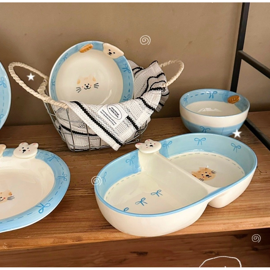 PM 67 SATUAN Piring Sekat Mangkok Keramik Motif Kitty Blue Ribbon 3D ala Cafe Korea Tahan Panas / Pi