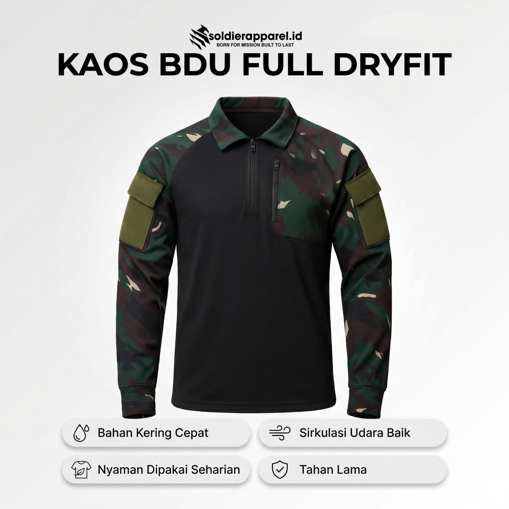 Kaos BDU Full Dryfit – Adem, Ringan, Cepat Kering | Shadowfield Series, Custom Logo & Nama