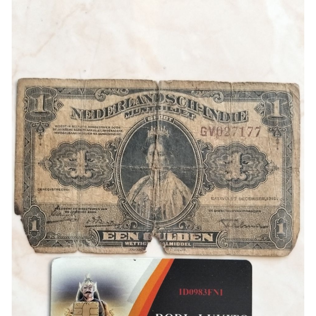 1 gulden Een gulden Nederlandsch indie 1919 muntbiljet ratu Wilhelmina sangat langka asli