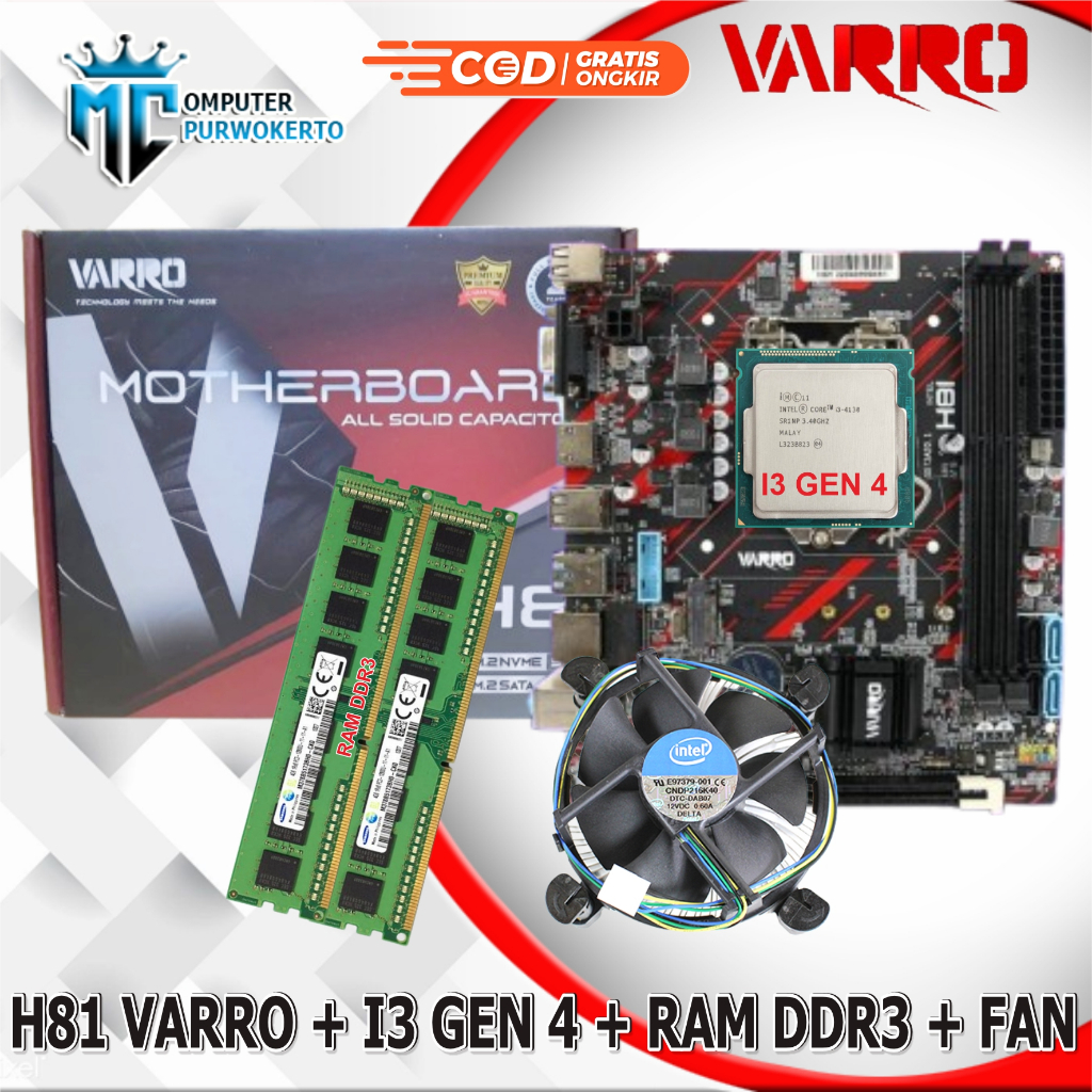 MOBO MAINBOARD H81 LGA 1150 NEW NVME Socket LGA 1150 + Processor i3 Gen 4 + RAM DDR3 + FAN