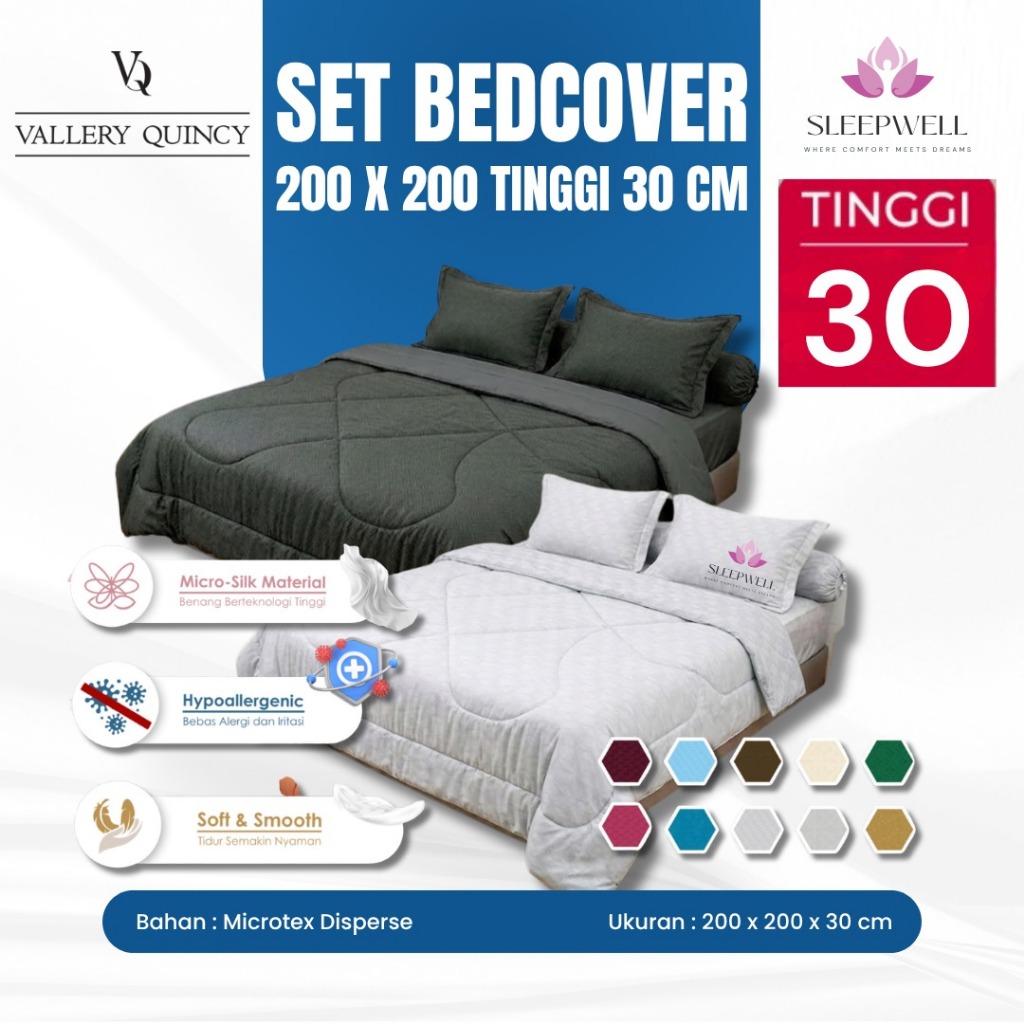 VALLERY Set Bedcover + Sprei Fitted 200x200 Super King Tinggi 30 Cm - Vallery Quincy SLEEPWELL