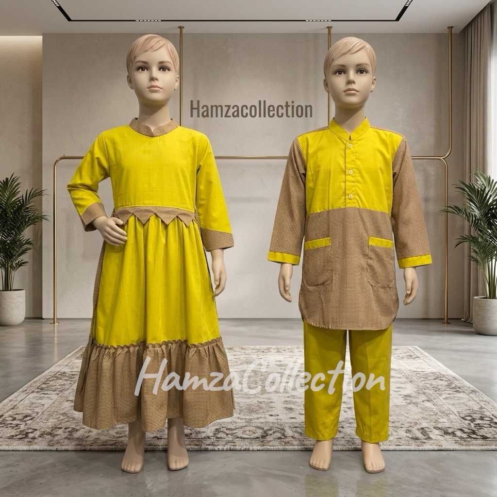 SERAGAM MUSLIM ANAK / BAJU MUSLIM TK / SERAGAM SEKOLAH ANAK. KUNING LEMON KOMBINASI KOTAK