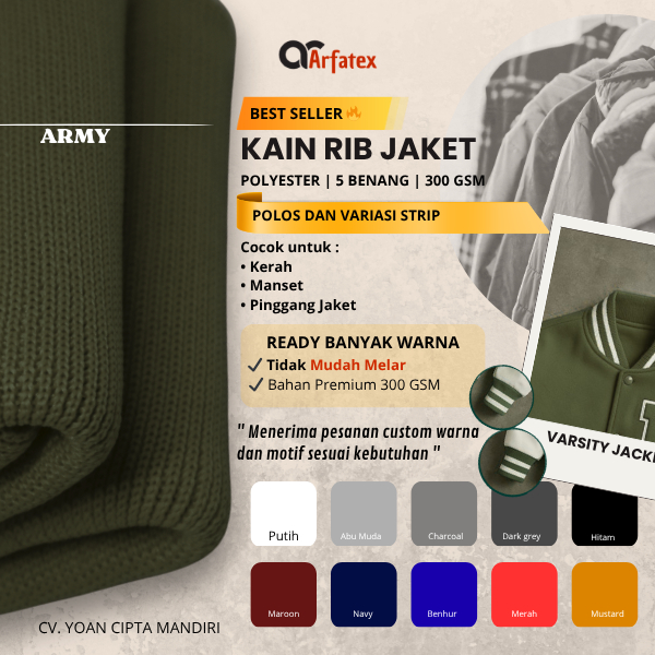 Kain rib bur untuk jaket warna army polyester premium polos strip dan rajut babat aksesoris fashion