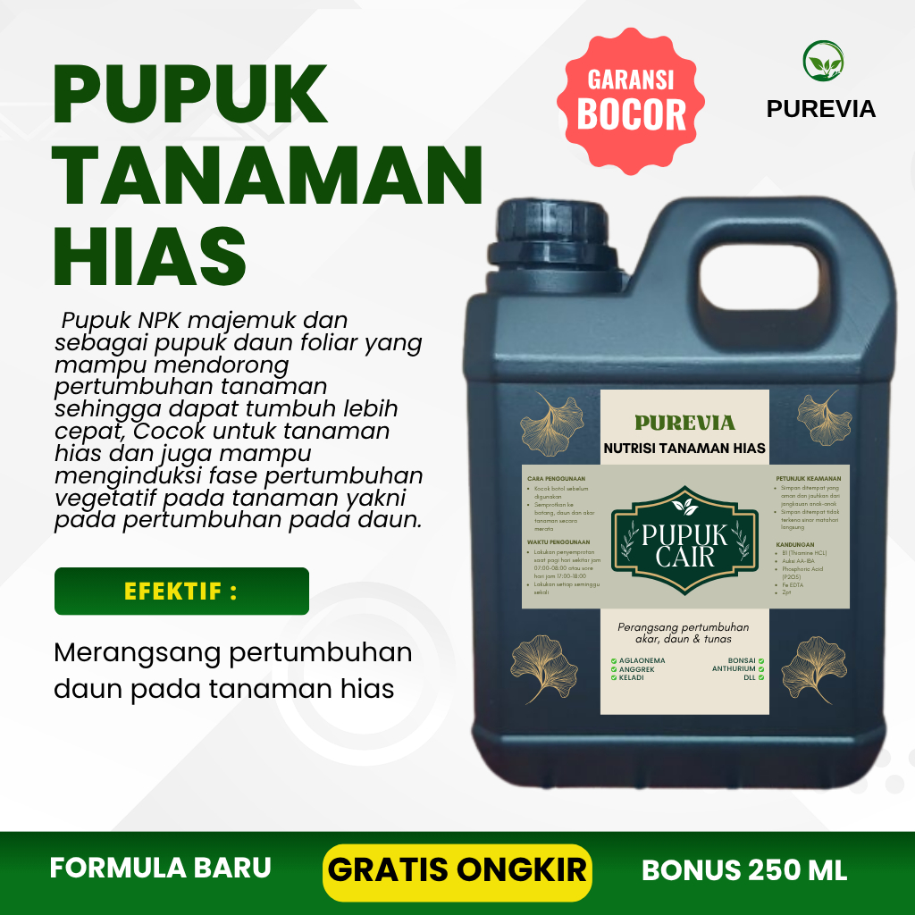 PUREVIA PUPUK ORIGINAL PUPUK CAIR TANAMAN HIAS AGLONEMA ANGGREK BONSAI KELADI | PUPUK SIAP PAKAI