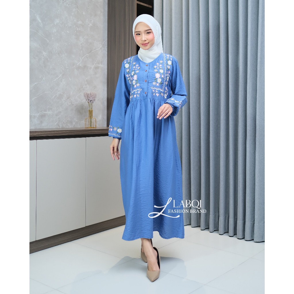 Bela Dress – Gamis Midi Dress Bordir Full Linen Premium Elegan Kondangan Wanita By Labqi Fashion