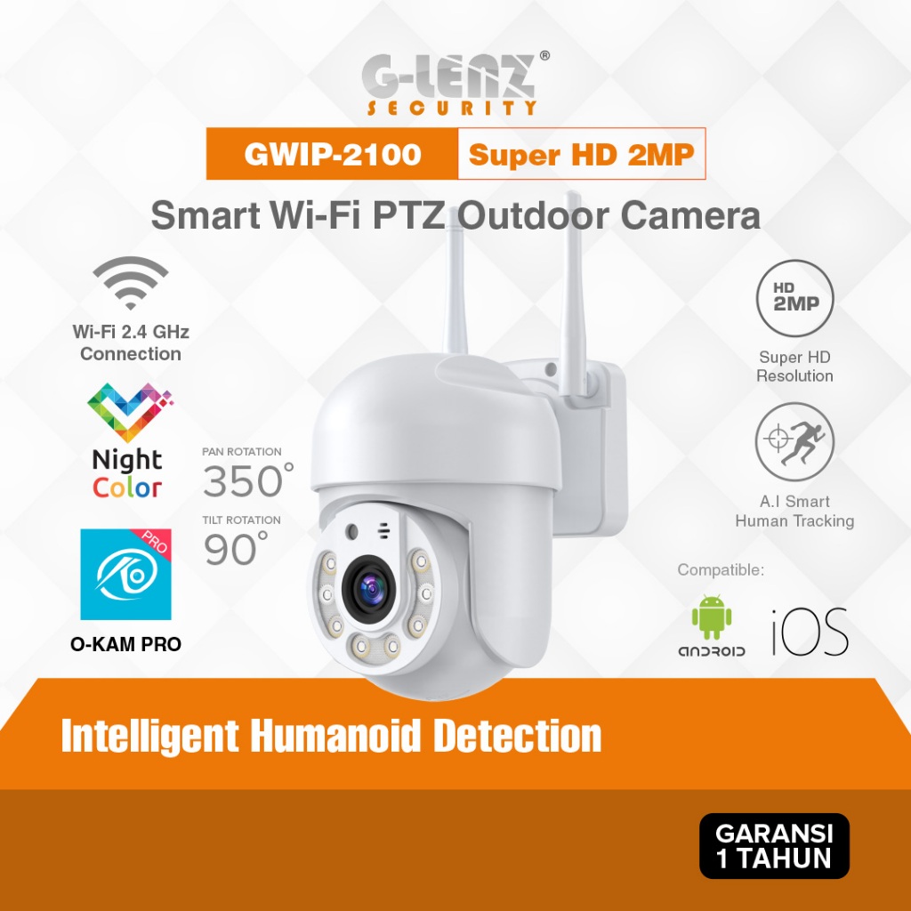 GLENZ CCTV WIFI 2MP Outdoor - Non Memory - Applikasi OKAM PRO - GWIP 2100 - Deteksi & Mengikuti Perg