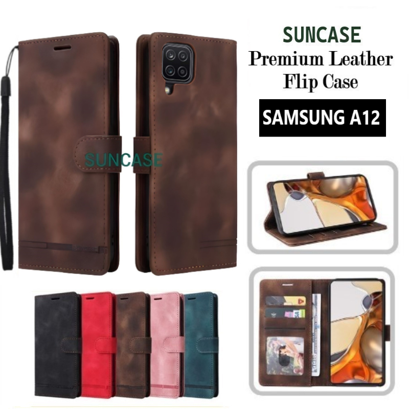 Casing hp SAMSUNG A12 model flip dompet softcase premium ada tali