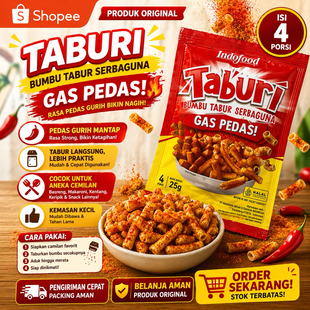 Indofood Taburi Bumbu Tabur Serbaguna Gas Pedas 25g | Bumbu Snack Pedas Gurih