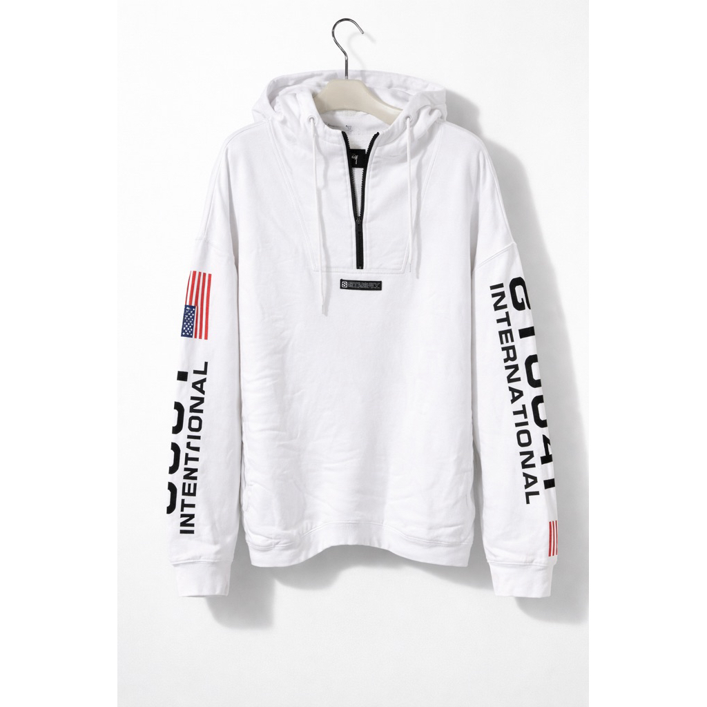 Stussy International spellout Hoodie Half Zip Putih Size M