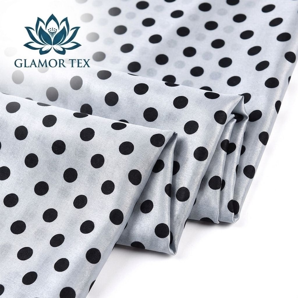Kain Katun Silk Premium Motif Polkadot Hitam Silver – Katun Silk Premium Lembut Flowing Kyt