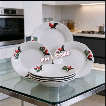 piring makan keramik ayam jago 21.5 cm | piring makan keramik 8 inch | piring makan keramik