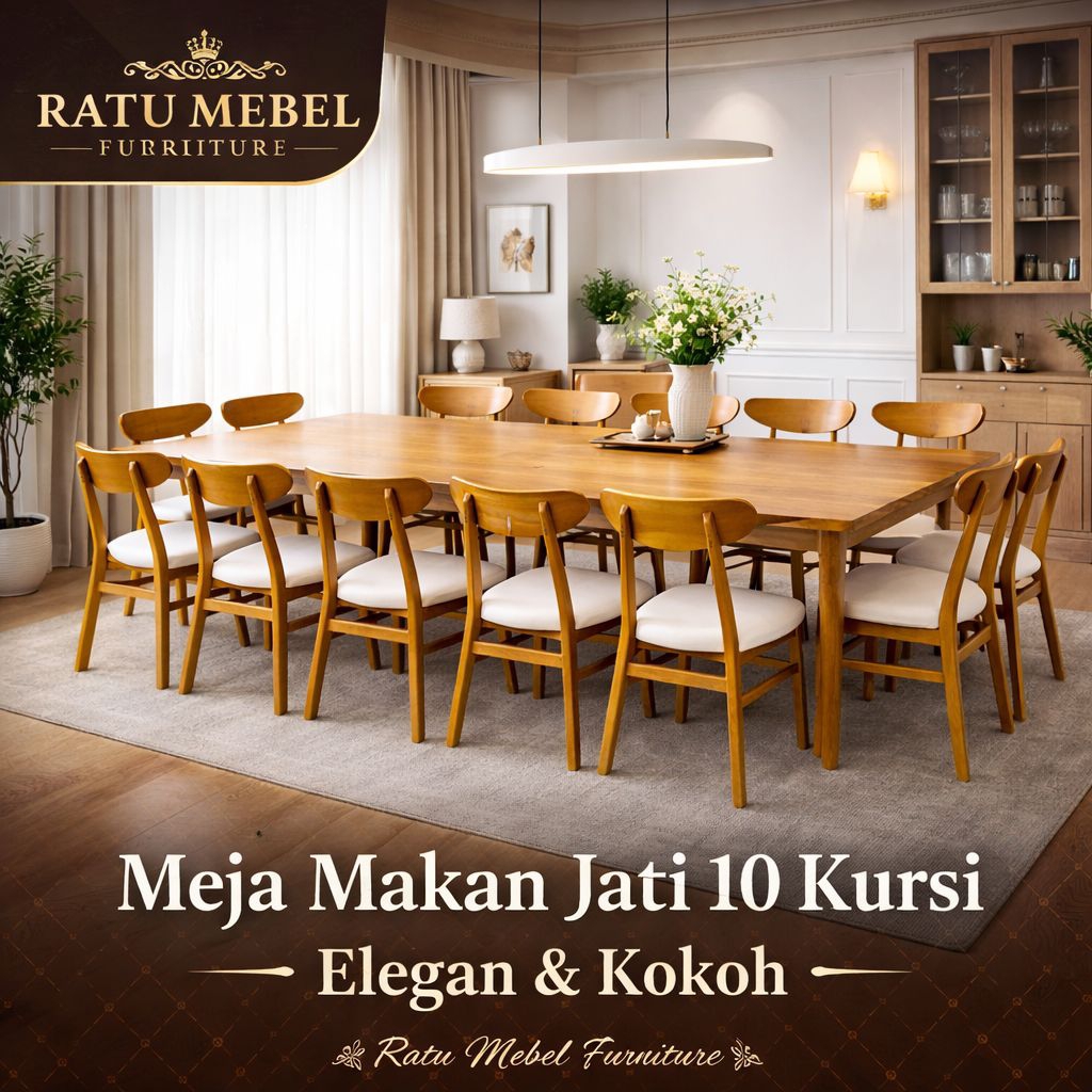 Meja Makan Kayu Jati 10 Kursi Minimalis Modern - Set Meja Makan Jati Solid Elegan Kokoh