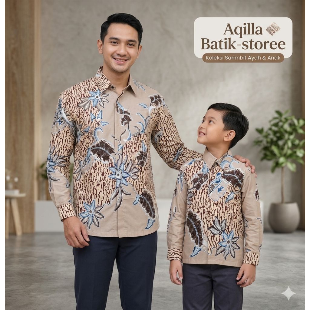 Kemeja Batik Cream Pria Couple Ayah & Anak Lengan Panjang Furing & Anak Non Furing Bahan Katun Solo 