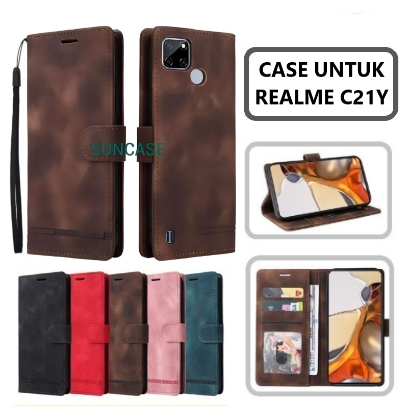 Casing hp REALME C21Y model flip dompet softcase premium ada tali