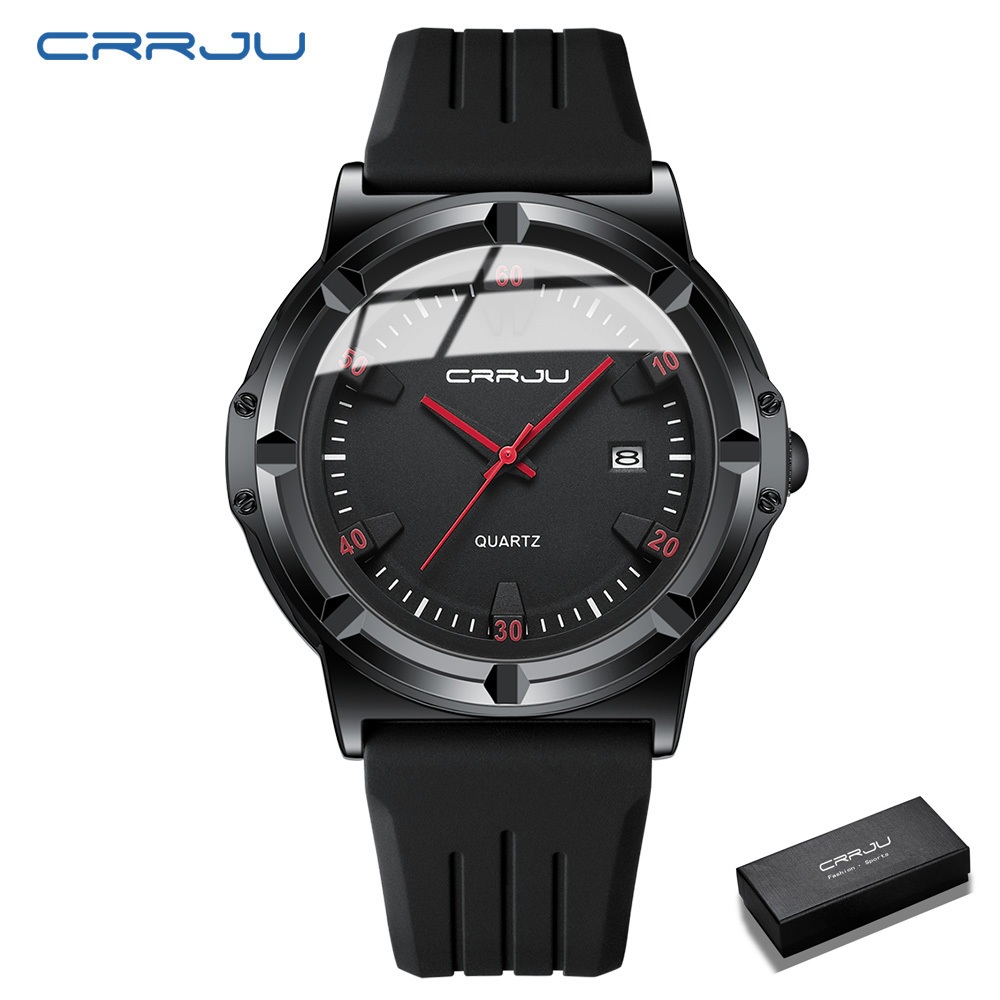 Jam Tangan Pria CRRJU Fashion Anti Air Original Luxury Tali Silikon Style Bisnis Kalender Men Watch 