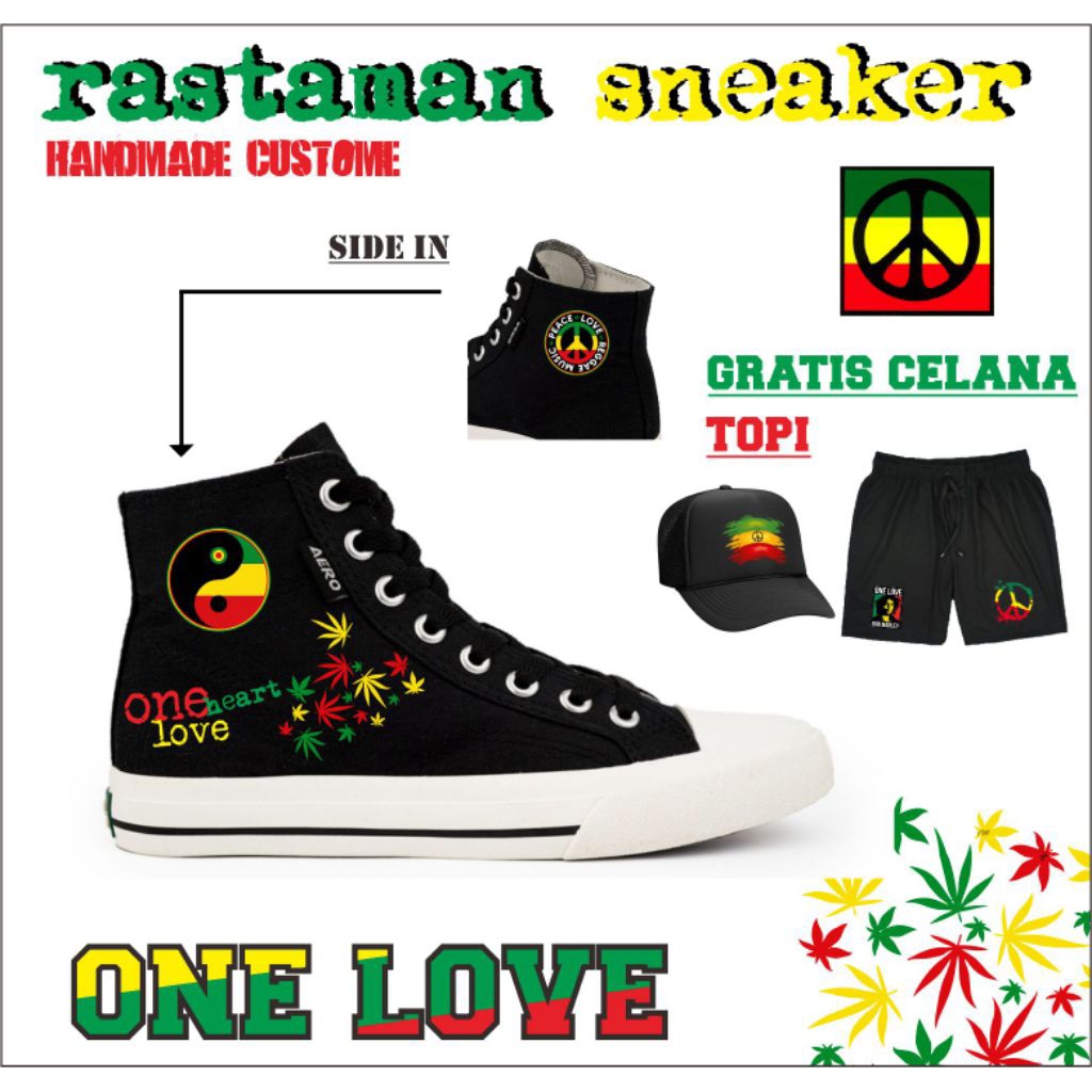Sepatu Rasta Reggae Custom Black Canvas GRATIS TOPI & Celana
