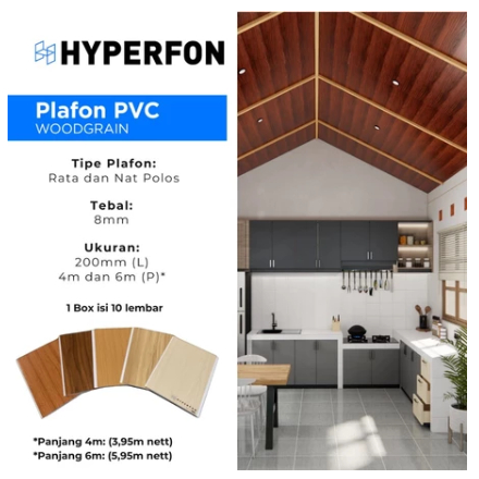 Hyperfon Plafon PVC by TACO Serat Kayu Doff Tebal 8mm Panjang 6 Meter (Nat Polos dan Rata)