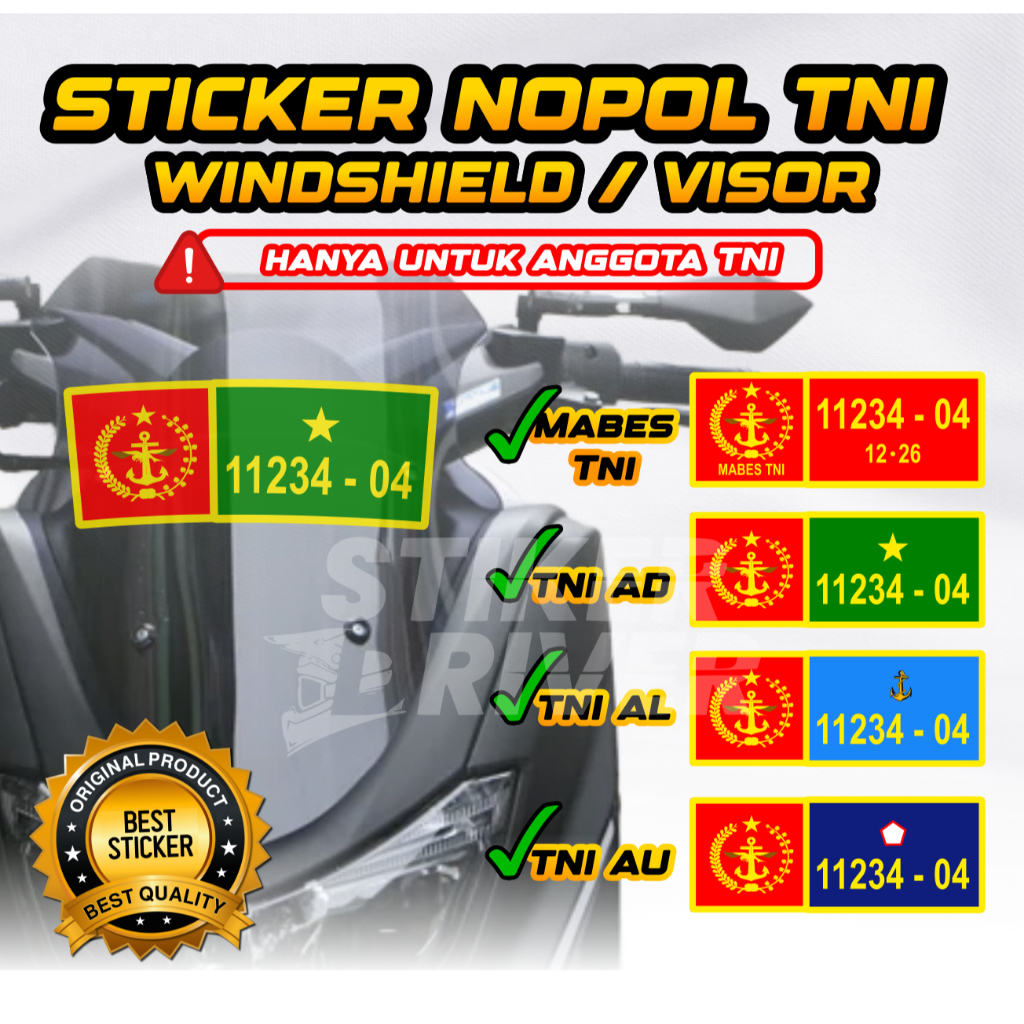 STICKER STIKER PLAT NOMOR ANGGOTA MABES TNI AU, AD, AL WINDSHIELD / VISOR MOTOR / MOBIL BBM / LISTRI