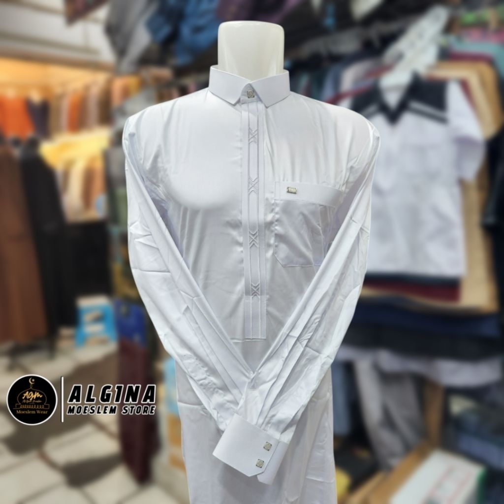 Gamis Al Wafa SLIMFIT Putih Bordir Kancing Thailand Resleting Lengan Panjang Cuff & Manset Bahan Sat