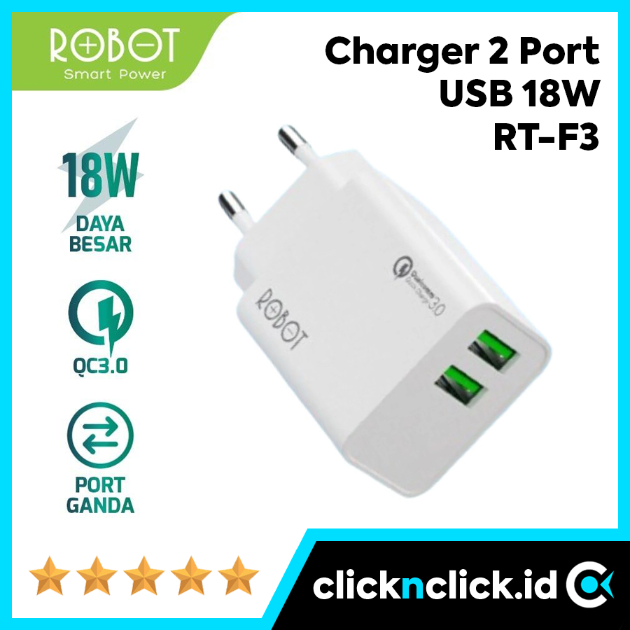 ROBOT RT-F3 - Charger 2 Port USB QC3.0 18W 3A - Dual Output Fast Quick Charging Charge Adaptor Adapt
