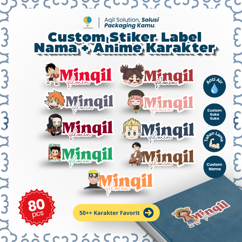 (CUSTOM NAMA ANIME) (EKSKLUSIF)- CUSTOM STIKER LABEL NAMA KARTUN ANIME ANTI AIR / STIKER NAMA BUKU T