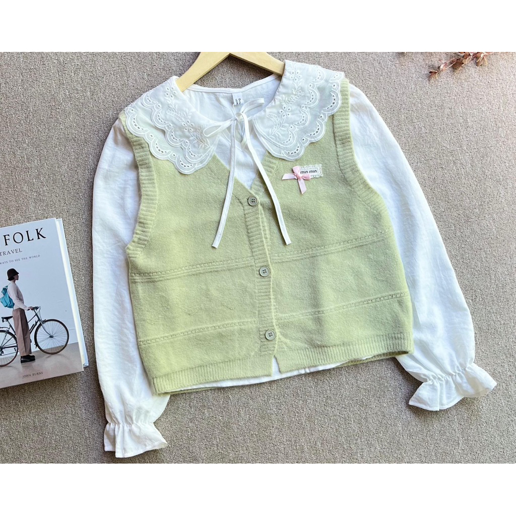 Kemeja + Vest Knit Pol0 / Baju Set Atasan Wanita Katun Rajut korean style / baju kekinian