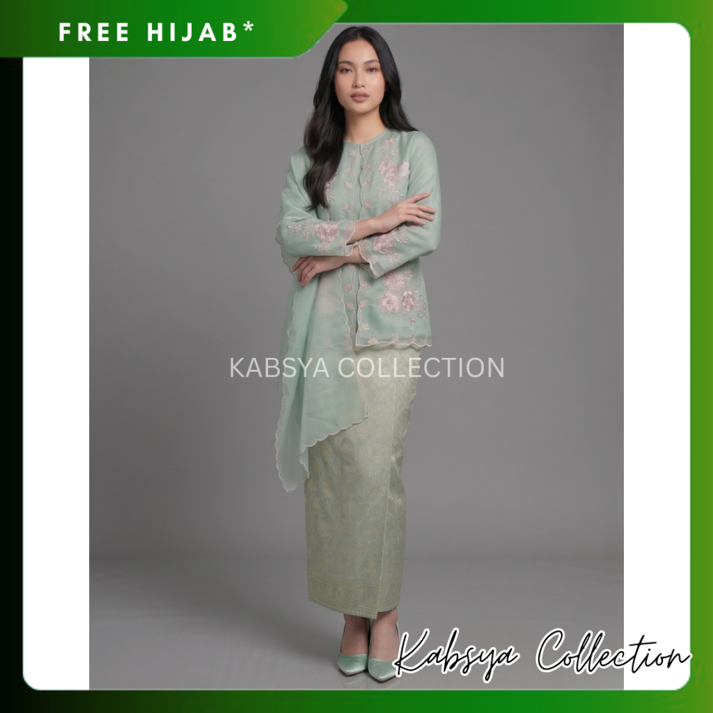 Set Kebaya Kurung Organza SLAVINA Sulam Bunga Premium dan Selendang Organza / Baju Tunik Organza / B