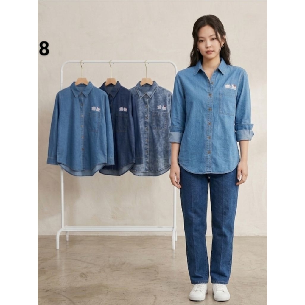 DERINE - Atasan Kemeja Wanita Denim Jeans Lengan panjang - Baju wanita denim Jeans  - Kemeja wanita
