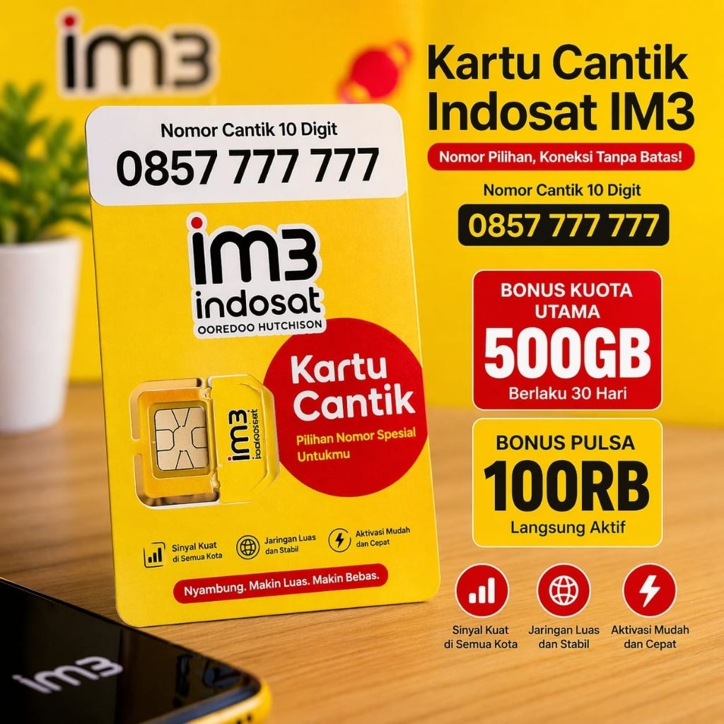 Kartu Perdana IM3 Indosat Nomor Cantik 10 Digit + Bonus Kuota 5000GB & Pulsa 100RB Siap Pakai