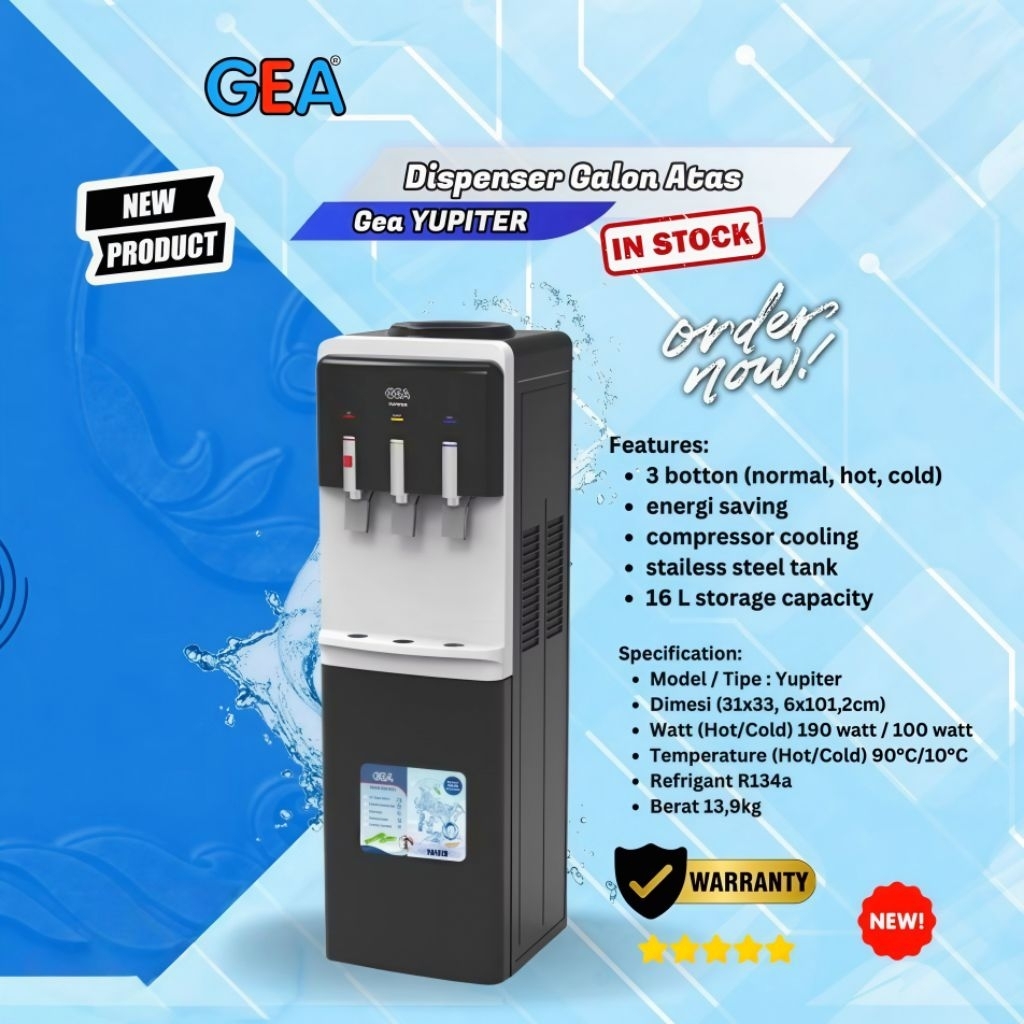 Dispenser Gea Yupiter Panas Dingin & Normal Galon Atas