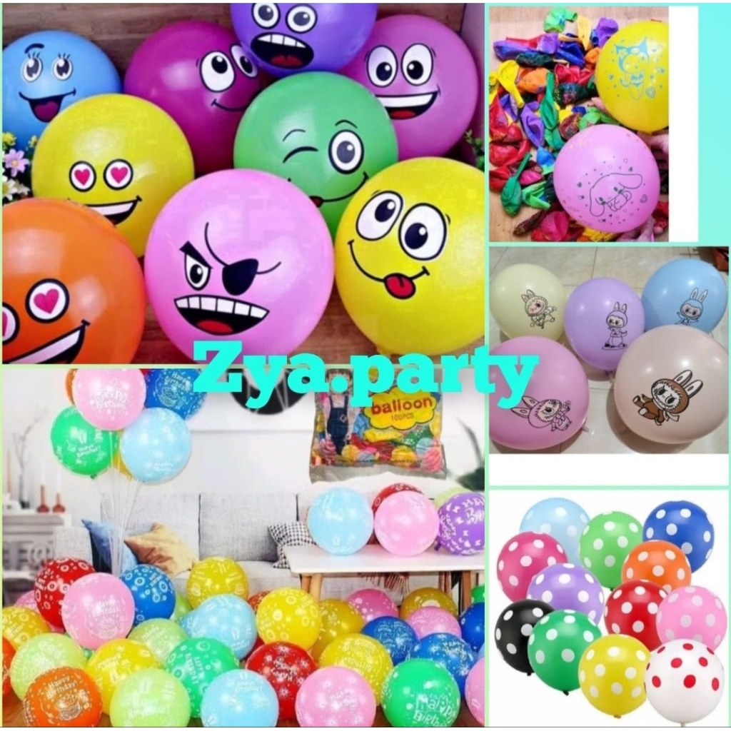 (Isi 100 pcs)Balon Latex Happy Birthday | Latex Smile Warna Warni | Latex Polkadot | Latex Sanrio | 