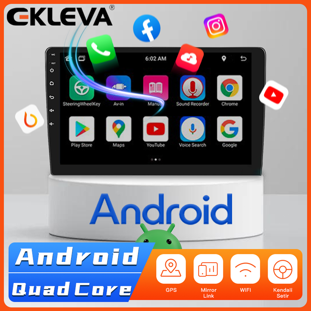 EKLEVA 9 Inch 2 Din Head Unit Android 12 GPS Navigasi Bluetooth Carplay Layar Sentuh 2.5D Split Scre