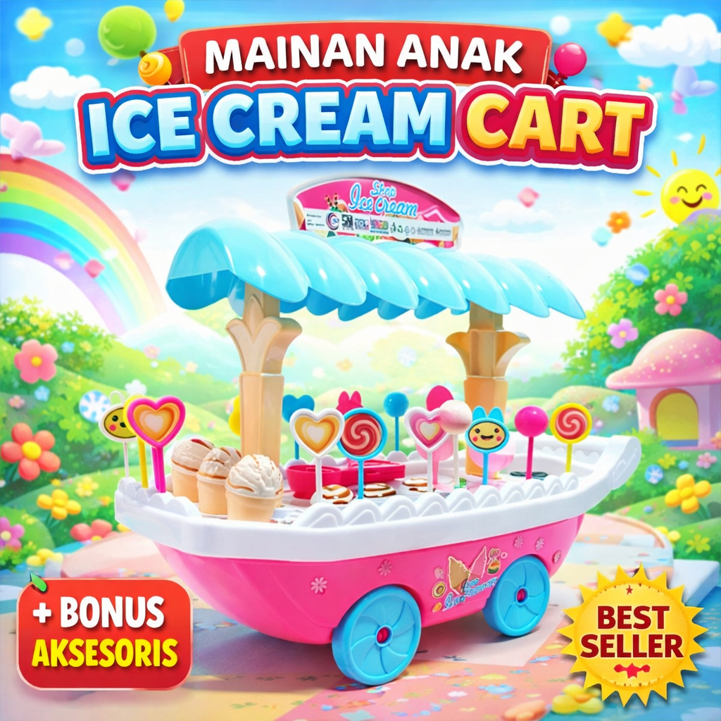 Mainan Gerobak Es krim banyak isi Bentuk Perahu Lucu FI 512 | Mainan Ak Gerobak Dorong Es Cream JUMB