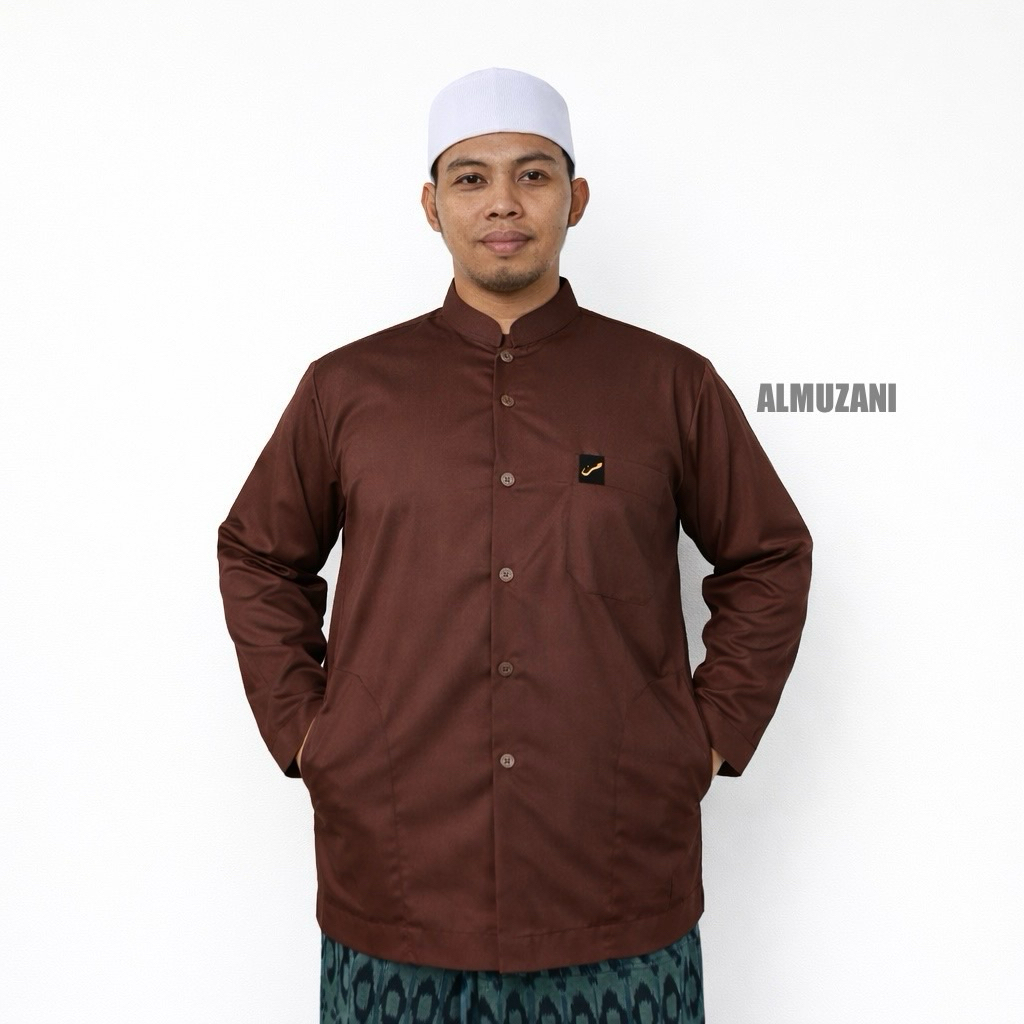 ALMUZANI Baju Koko Saku Samping Kerah Sanghai Muslim Pria Dewasa
