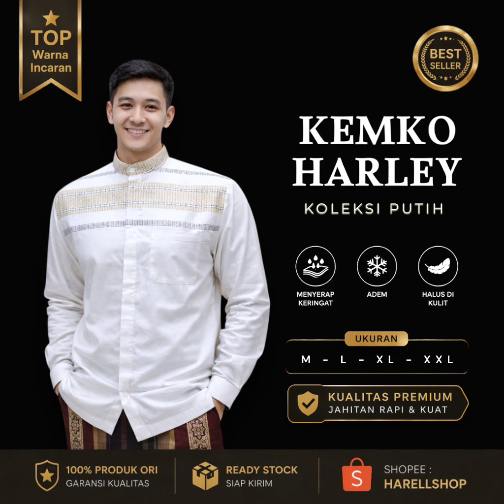 Baju Koko Pria Premium Katun Import Kemko Harley Koleksi Putih Lengan Panjang Adem Nyaman Motif Eleg